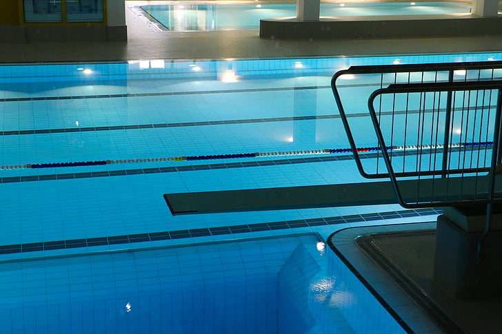 piscina coperta, piscina, Lane, trampolino di lancio, illuminazione, acquerello, blu