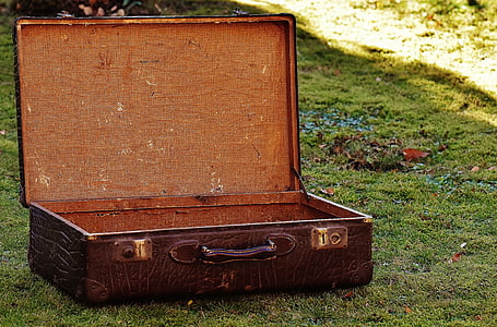 bagage, antik, læder, gammel kuffert, junk, generationer, græs