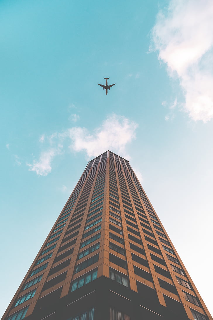 airplane, architecture, building, clouds, daylight, futuristic, high