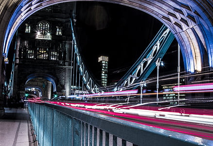 tower bridge, light trails, london, city, night, landmark, long exposure