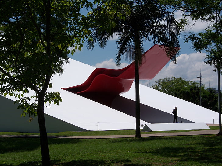 Ibirapuera auditorija, Niemeyer, Šiuolaikinė architektūra, Architektūra, raudona, Ibirapuera parkas, parkas