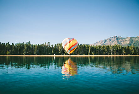 colorful, colourful, forest, hills, horizon, hot air balloon, lake