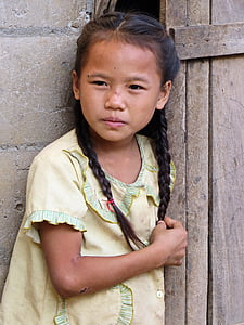 Laos, liten jente, Hmong, barn, landsbyen, barndommen