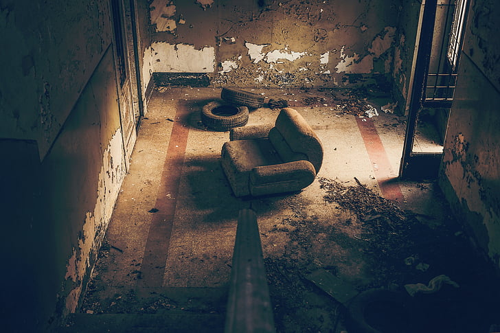 ruins, abandoned, dirt, wheels, tires, couch, chair