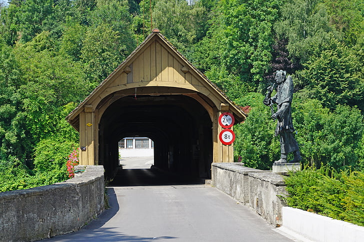 jembatan kayu, Jembatan Bea Cukai, tertutup jembatan kayu, Rhine, Swiss Jerman, Jerman-Swiss, Rheinau-altenburg