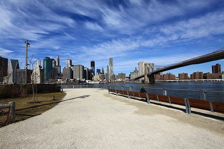 Most, pochmurno, niebieski, niebo, Miasto, Nowe York, miasto, Manhattan, wyspa