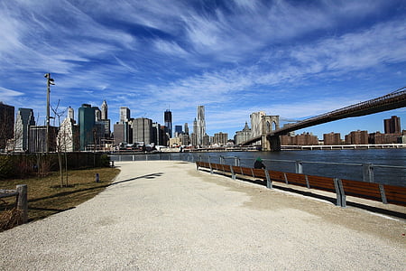Most, zataženo, modrá, obloha, město, Nové York, město, Manhattan, ostrov