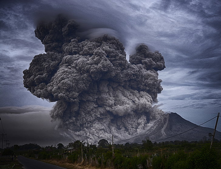 as, uitbarsting, landschap, buitenshuis, rook, vulkaan, gevaar