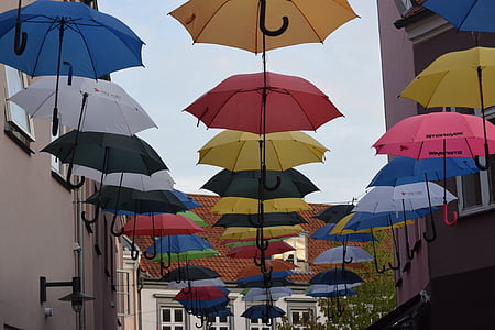 paraplyer, Danmark, Århus, fargerike, farget paraply, veien