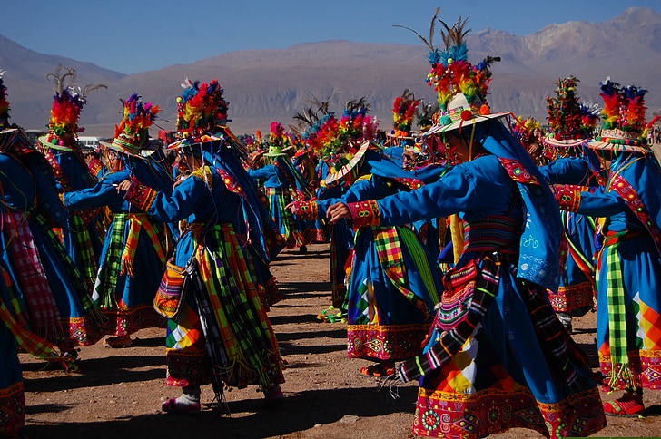Festival, Dans, färger, Andinska, Chile, dansare, religiösa