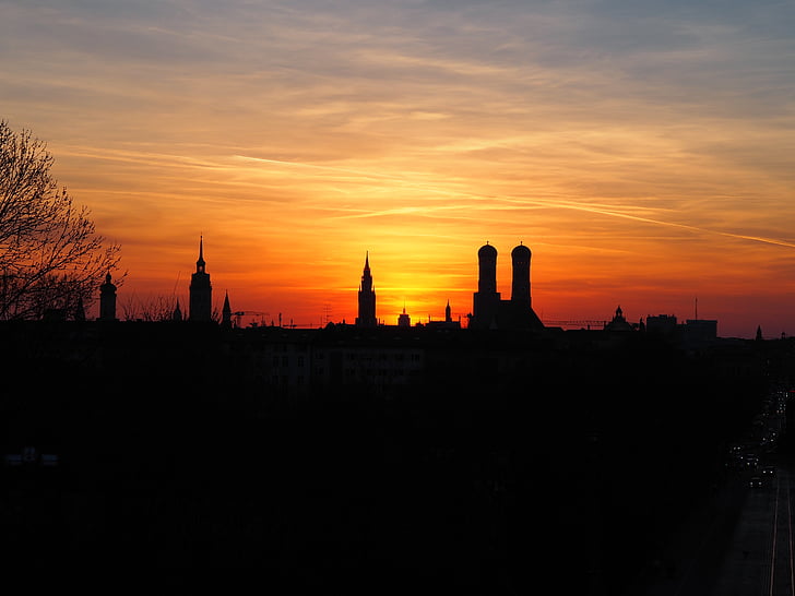 München, skyline, solnedgang, bybildet, silhuett, arkitektur, skumring