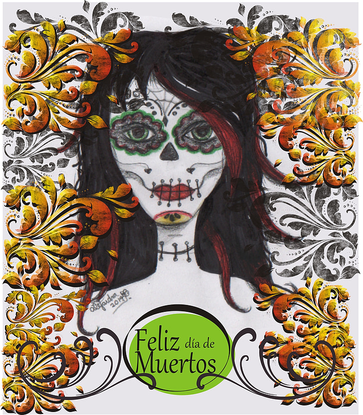 dag van de doden, Mexico, Catrina, populaire festivals, illustratie, tekening, Kleur