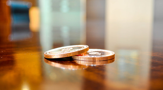 coin, token, fake money, reflection, table, light