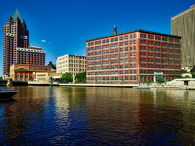 milwaukee, wisconsin, river, water, reflections, city, urban