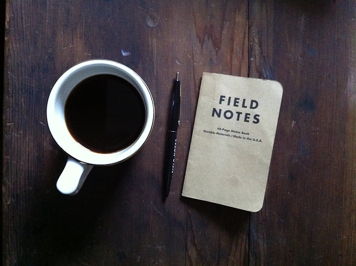cup, coffee, mug, notes, diary, pen, table