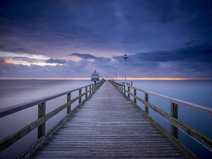 puente del mar, Zinnowitz, campana de buzo, mar, salida del sol, hora azul, Mar Báltico