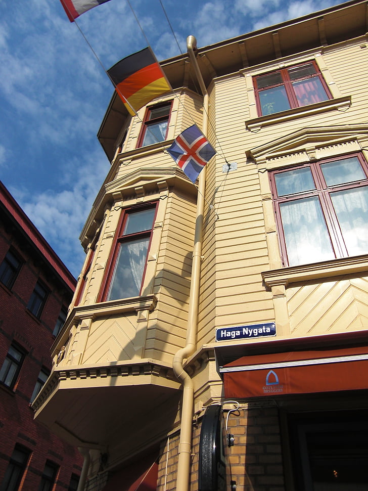 дървена фасада, еркерен прозорец, Швеция, Гьотеборг, Стария град, Даунтаун, сграда