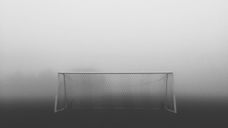 fútbol, objetivo, medio, hay niebla, campo, net, deportes