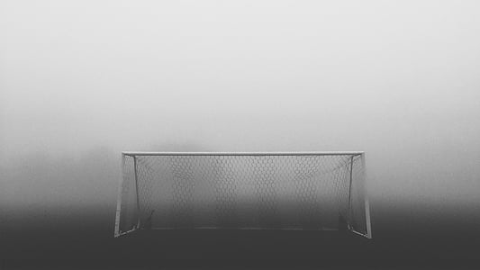 soccer, goal, middle, foggy, field, net, sports
