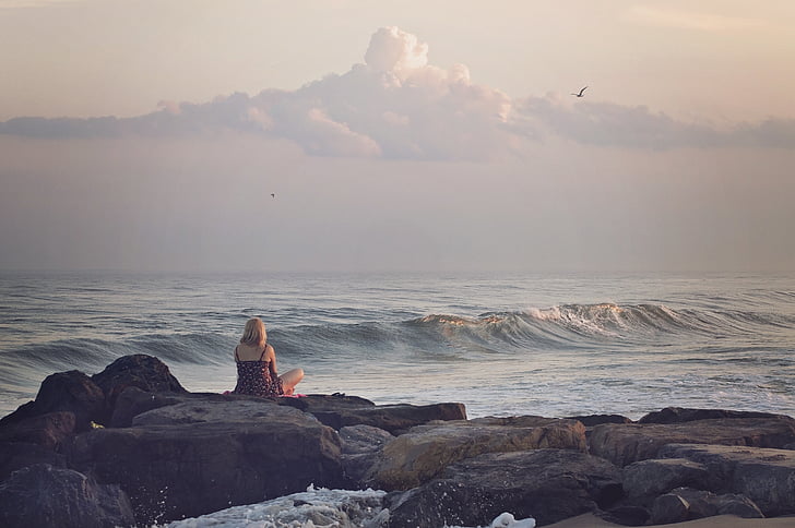 person, woman, sitting, seaside, female, shore, coast