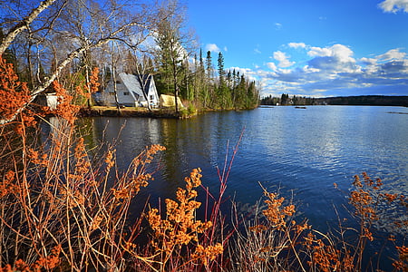 landskap, naturen, träd, sjön, vatten, hus, Québec