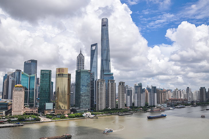 Шанхай, небе, сграда, улица, bund, декори, високи сгради