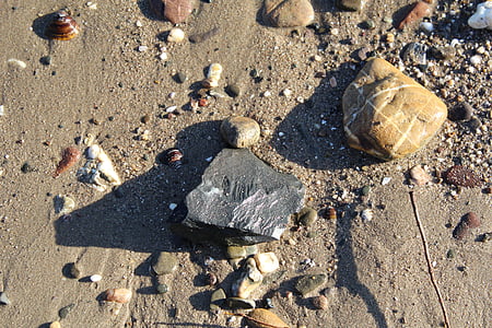 akmeņi, pludmale, ēna, smilts, struktūras, olis, smilšu pludmales