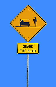 share the road, sign, bike, automobile, symbol, safety, warning