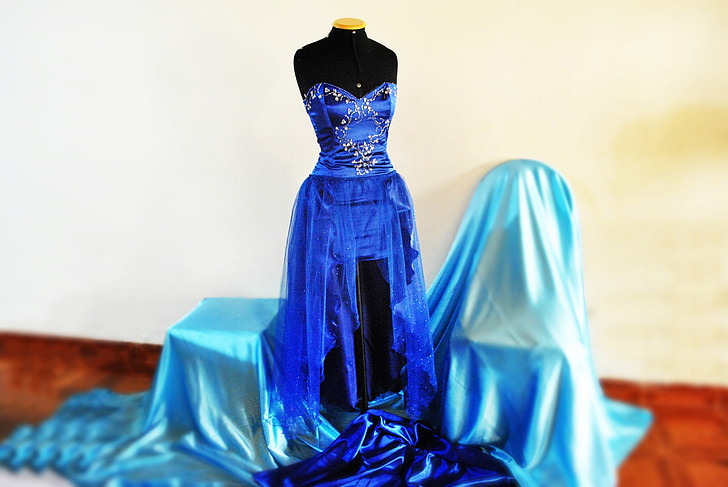 meniquie, kjole, blå, stof