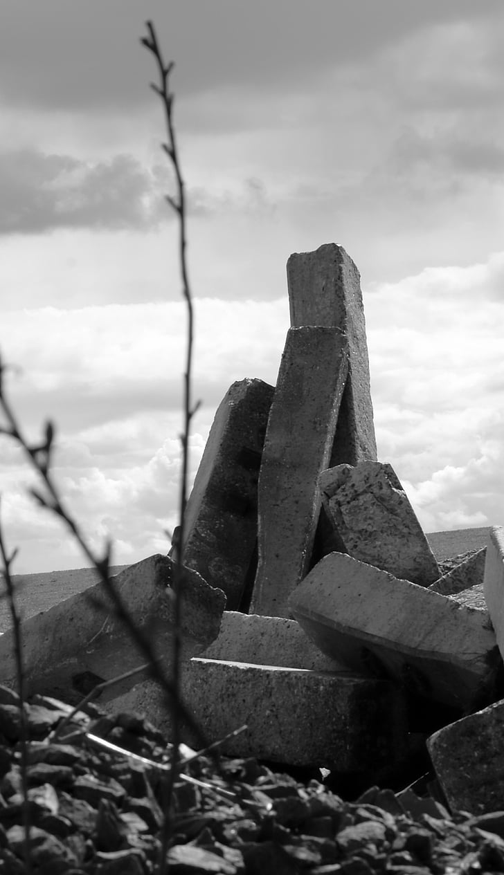 destruction, devastation, landscape, demolition, contrast, black and white, stones