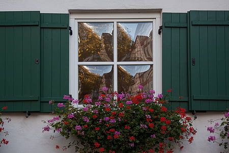 home, old, window, gwölbtes window glass, mirroring, shutters, green