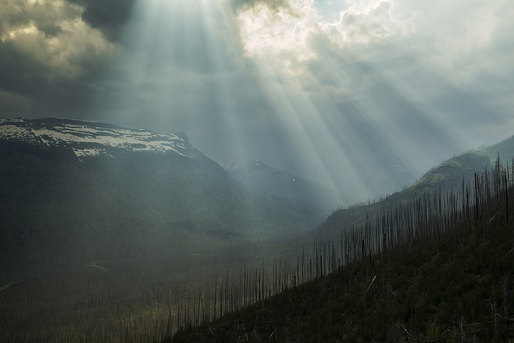 crepuscular rays, sunlight, nature, sunshine, mountains, valley, clouds