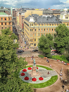 Helsinki, Somija, Plaza, ziedi, ēkas, siluets, pilsēta