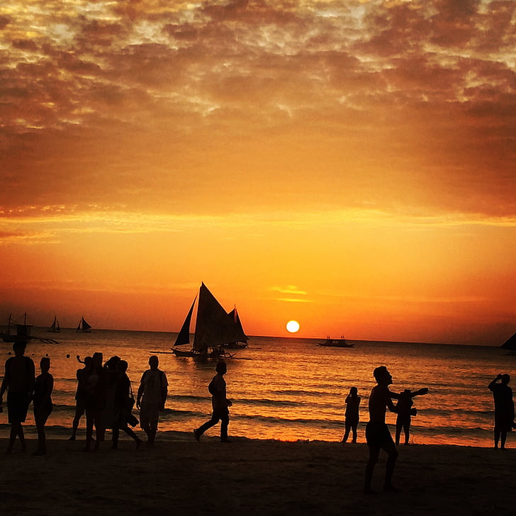 Boracay, Filipinas, pôr do sol, vela, céu laranja