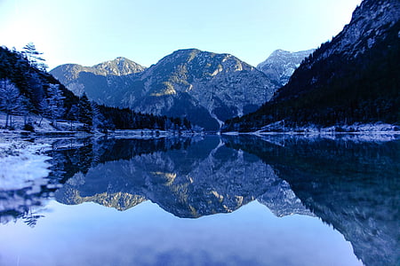 poletni, okolje, visoko, jezero, krajine, zrcalna slika, gorsko jezero
