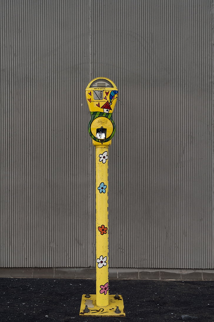 Street, parkometer, meter, bil, gul, metal, udendørs