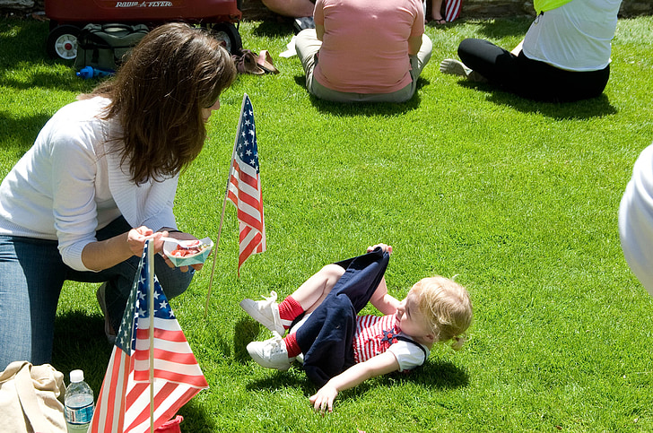 girl, toddler, flag, lawn