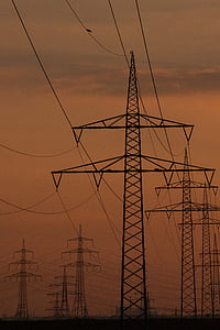 línies d'energia, pilones, pols de poder, actual, cable, posta de sol, cel
