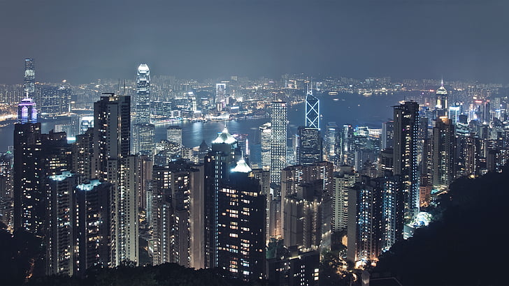 Boven, weergave, fotografie, stad, scape, Nighttime, Hong kong