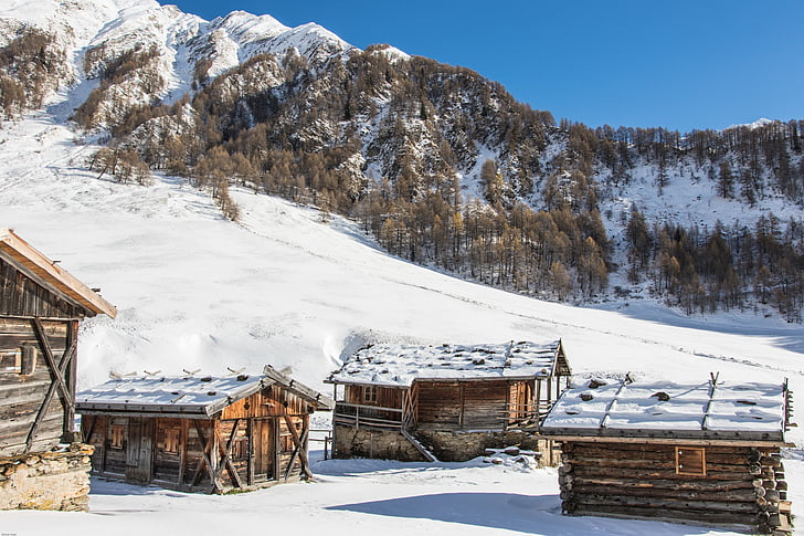 Pietų Tirolis, Almen kaimas, žiemą, kalnų nameliai, namelis, Alpių, žiemos