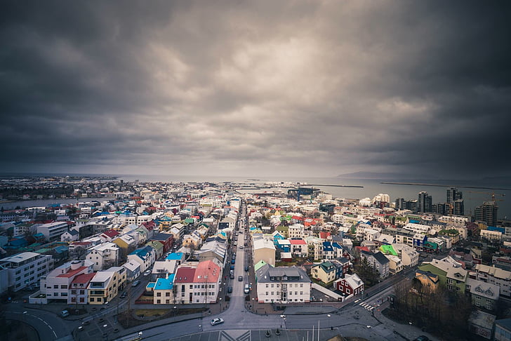 city, clouds, iceland, moody, storm, village, cityscape