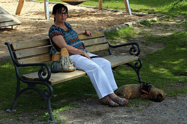 woman, person, dog, bench, bank, alone, individually