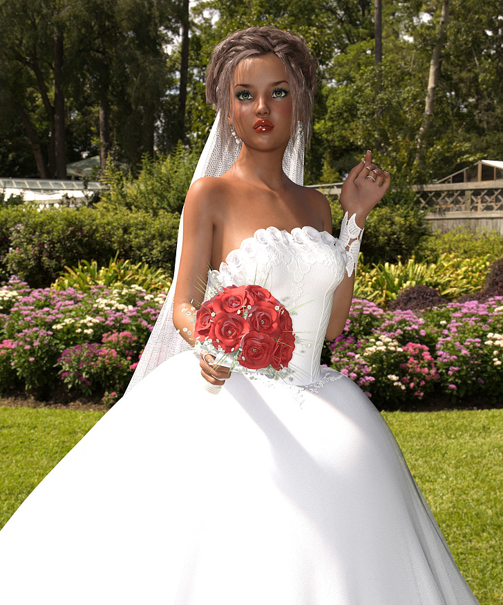 bruden, docka, kvinna, vit klänning, bröllop, tid, datum