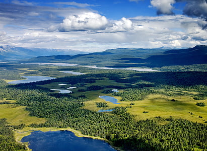 Alaska, Denali, upes, ūdens, ezers, ainava, debesis
