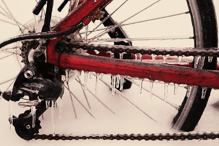 closeup, foto, preto, bicicleta, desviador, congelado, gelo