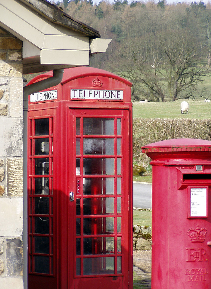 Engeland, platteland, telefooncel, postbus, communicatie, rood, netwerk