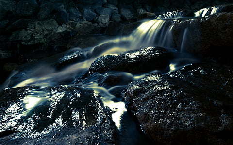 Borrão, cascata, close-up, riacho, fluxo, paisagem, luz