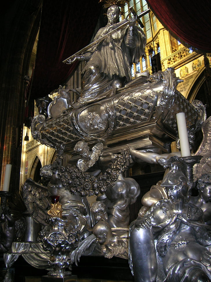 Johannes av nepomuk's tomb, St vitus-katedralen, Prag, konst, skulpturala, Silver, solid silver