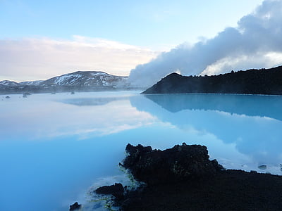 海滩, 蓝色泻湖, 云彩, 黎明, 雾, 冰岛, 岛屿