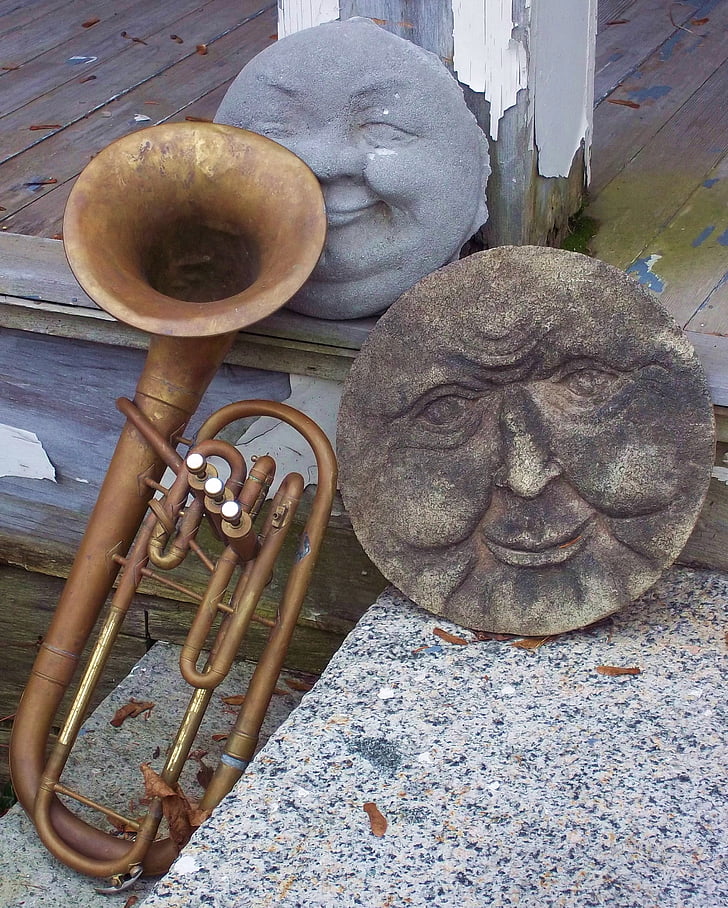 skulptur, ansikten, gamla, sten, antika, mässing, trumpet